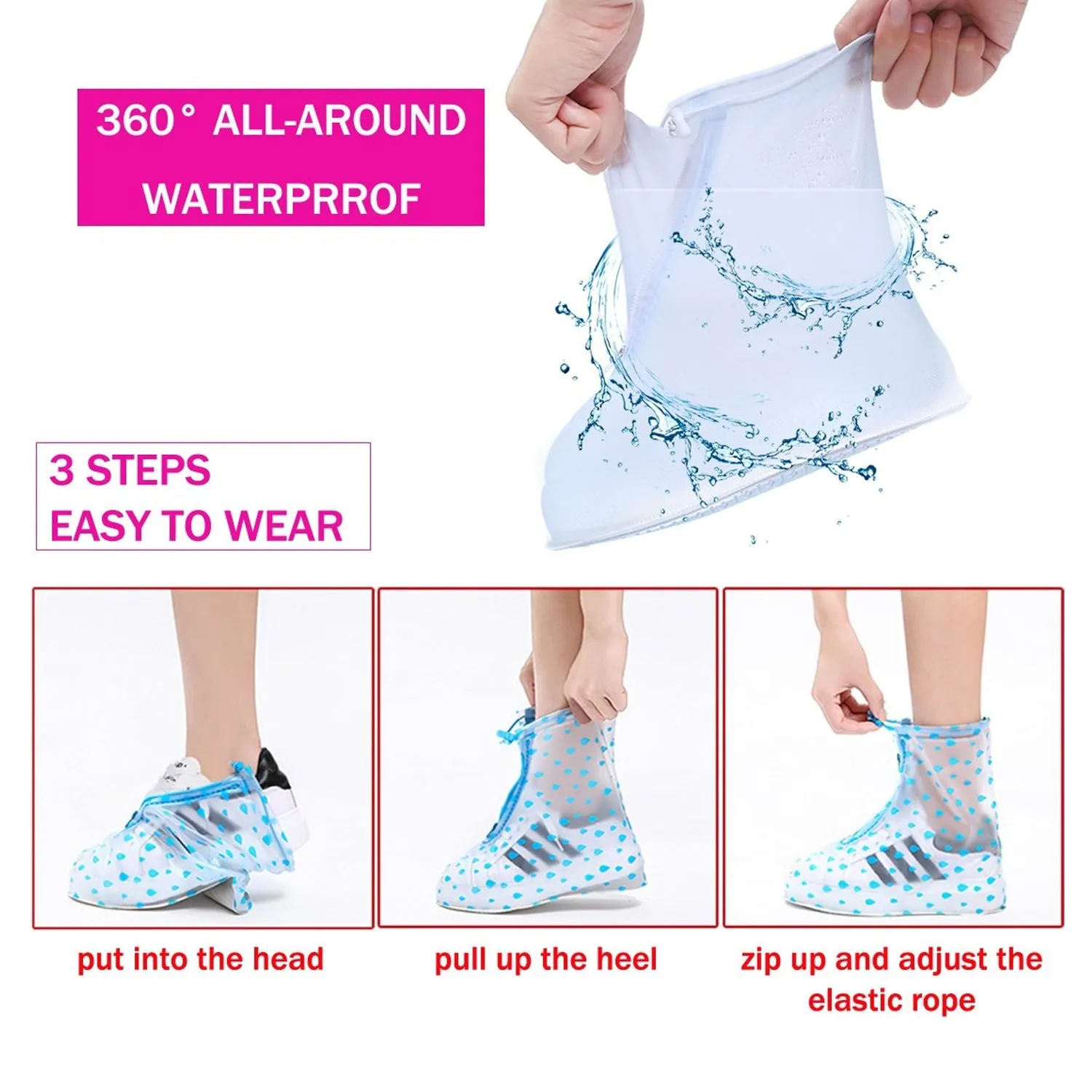 4541 Plastic Shoes Cover Reusable Anti-Slip Boots Zippered Overshoes Covers Pink, Transparent Waterproof Snow Rain Boots for Kids/Adult Shoes, for Rainy Season (XL Size1 Pairs)