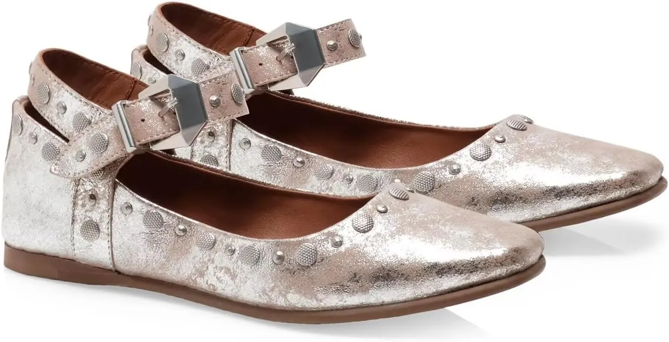 Agodor Ballet Flats for Women Stud Mary Jane Shoes Women Flats Square Toe Buckle Ankle Strap Comfy Bling Metallic Ballerina Dress Shoes