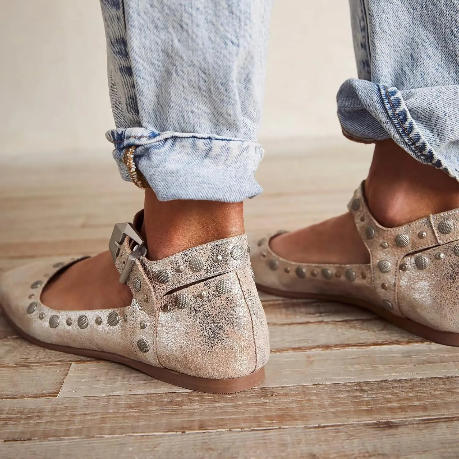 Agodor Ballet Flats for Women Stud Mary Jane Shoes Women Flats Square Toe Buckle Ankle Strap Comfy Bling Metallic Ballerina Dress Shoes