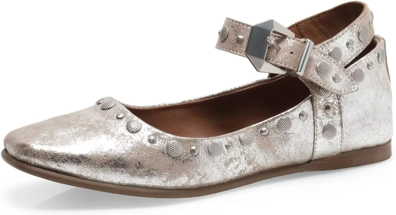 Agodor Ballet Flats for Women Stud Mary Jane Shoes Women Flats Square Toe Buckle Ankle Strap Comfy Bling Metallic Ballerina Dress Shoes