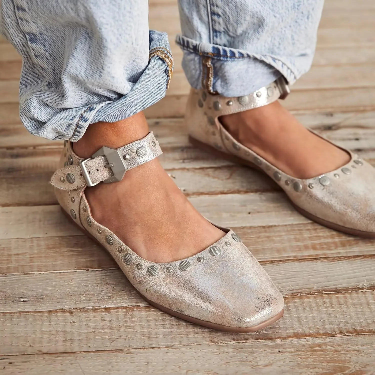 Agodor Ballet Flats for Women Stud Mary Jane Shoes Women Flats Square Toe Buckle Ankle Strap Comfy Bling Metallic Ballerina Dress Shoes
