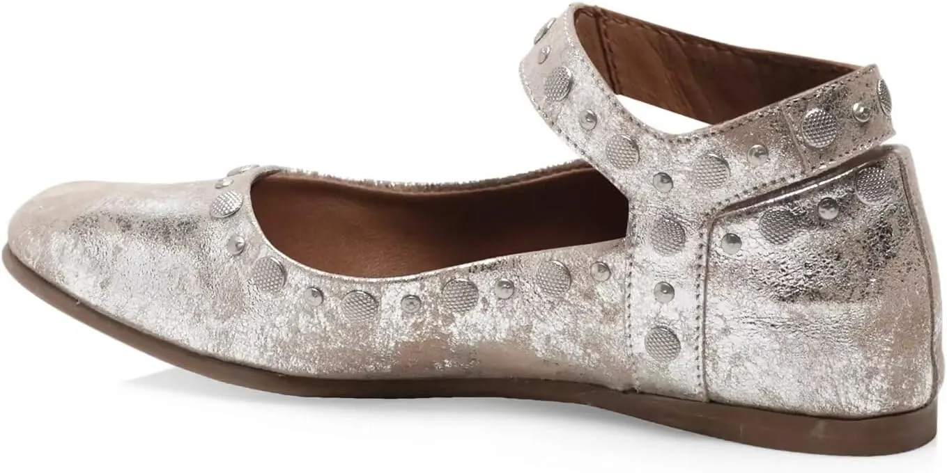 Agodor Ballet Flats for Women Stud Mary Jane Shoes Women Flats Square Toe Buckle Ankle Strap Comfy Bling Metallic Ballerina Dress Shoes