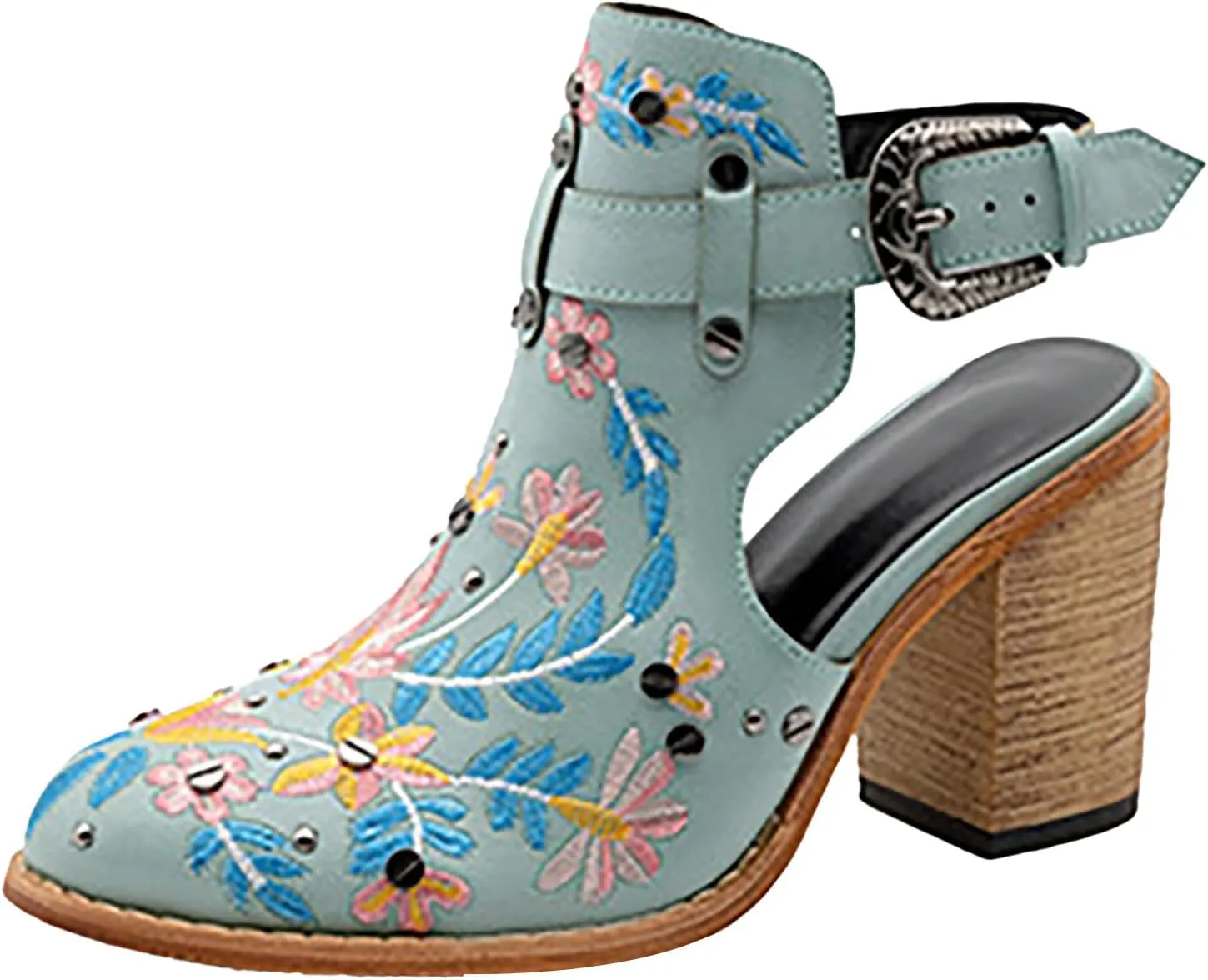 Ankle Boots for Women Slingback Embroidered Round Toe Stacked Chunky Block Heel Classic Leather Pull on Booties Open Back Fall Winter Fashion Short Boot for Ladies