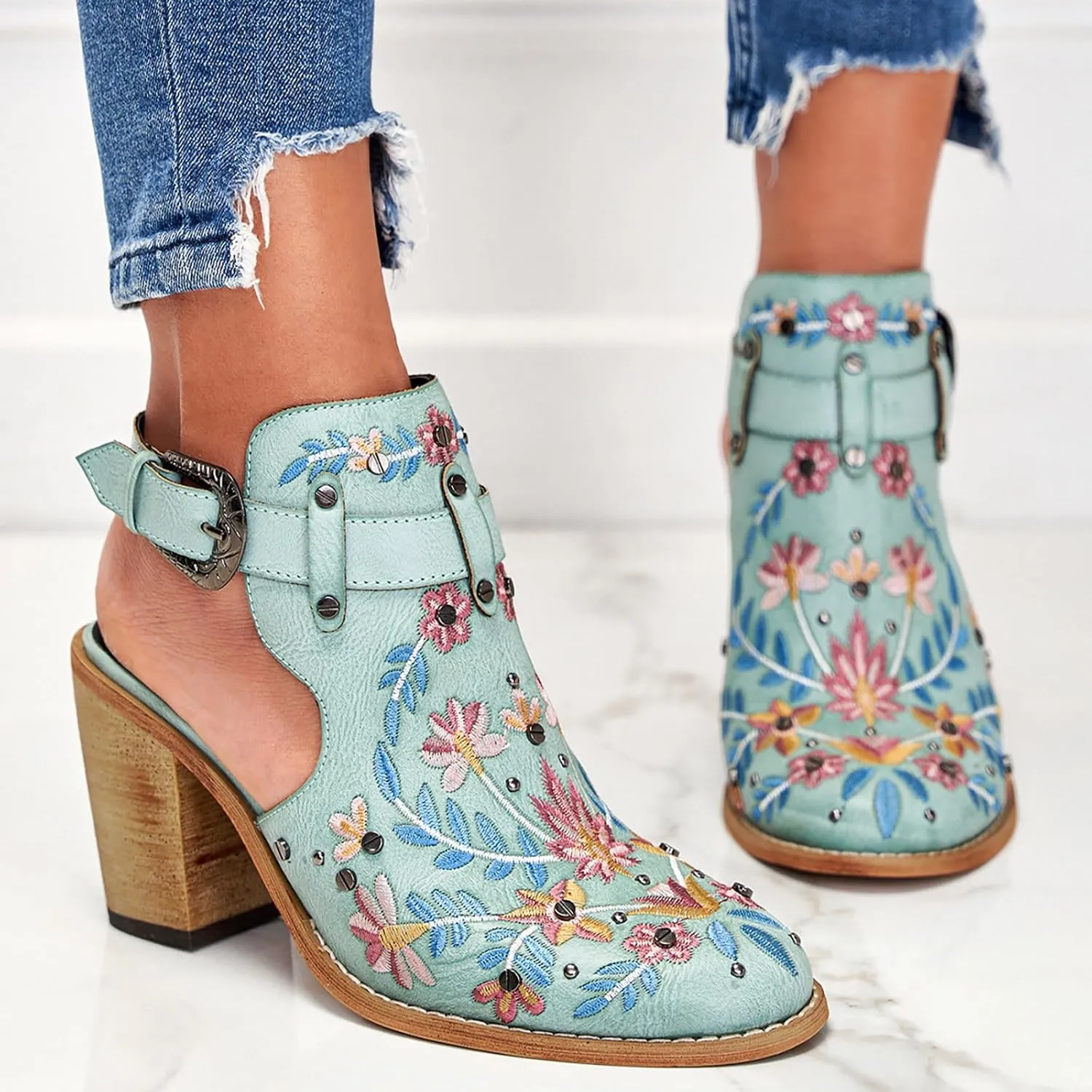 Ankle Boots for Women Slingback Embroidered Round Toe Stacked Chunky Block Heel Classic Leather Pull on Booties Open Back Fall Winter Fashion Short Boot for Ladies