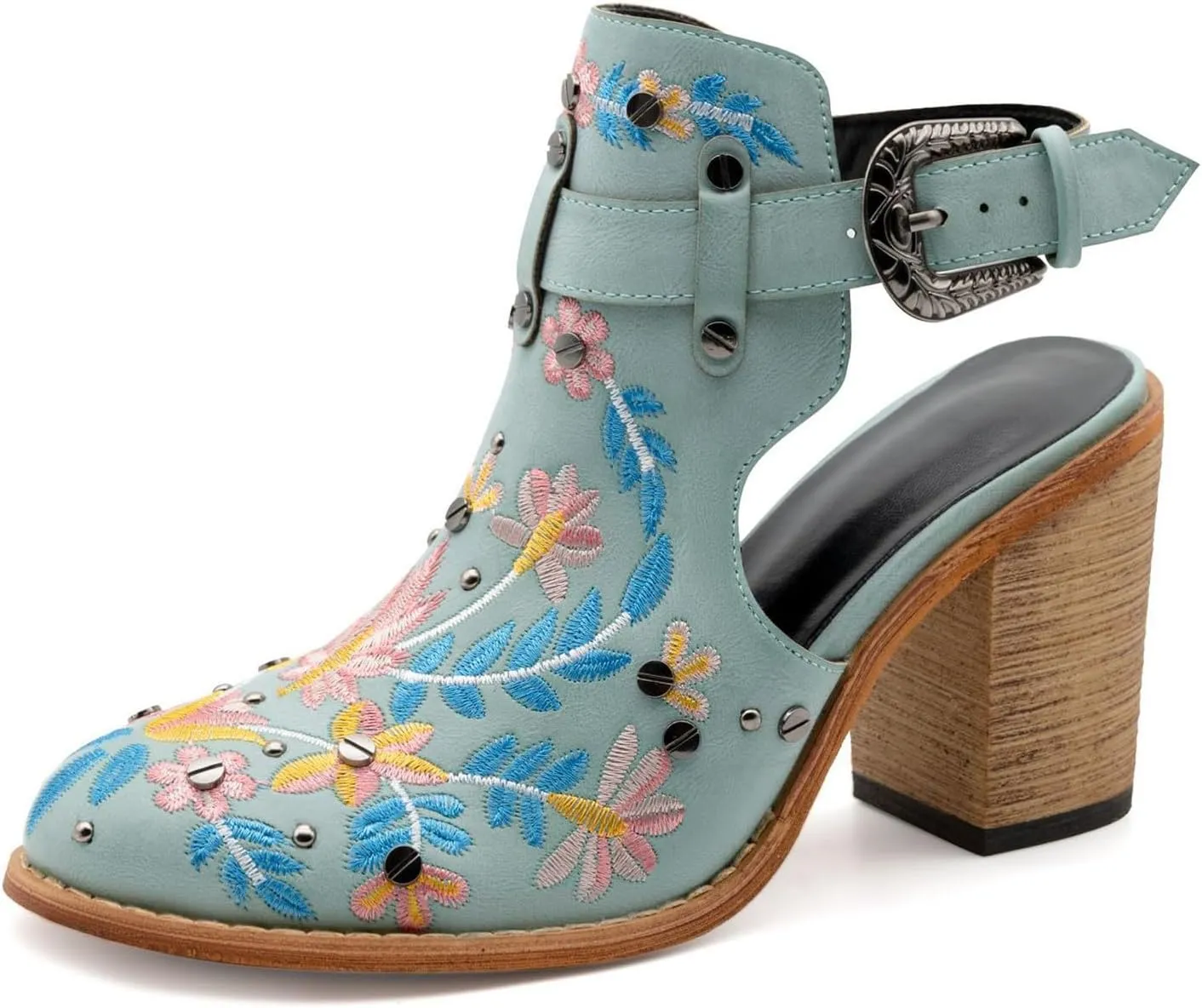 Ankle Boots for Women Slingback Embroidered Round Toe Stacked Chunky Block Heel Classic Leather Pull on Booties Open Back Fall Winter Fashion Short Boot for Ladies