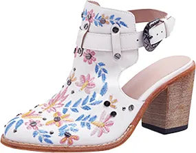 Ankle Boots for Women Slingback Embroidered Round Toe Stacked Chunky Block Heel Classic Leather Pull on Booties Open Back Fall Winter Fashion Short Boot for Ladies