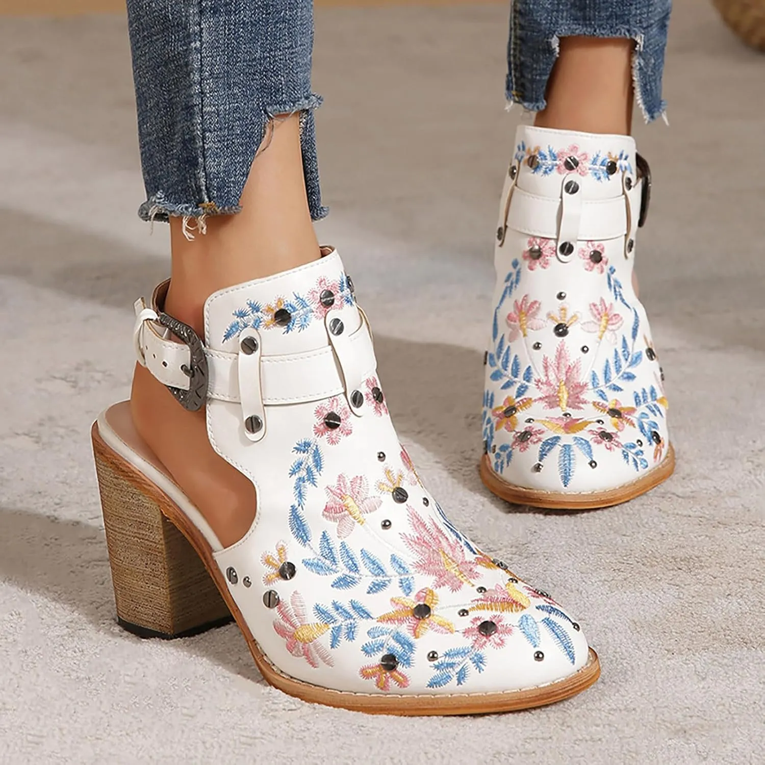 Ankle Boots for Women Slingback Embroidered Round Toe Stacked Chunky Block Heel Classic Leather Pull on Booties Open Back Fall Winter Fashion Short Boot for Ladies