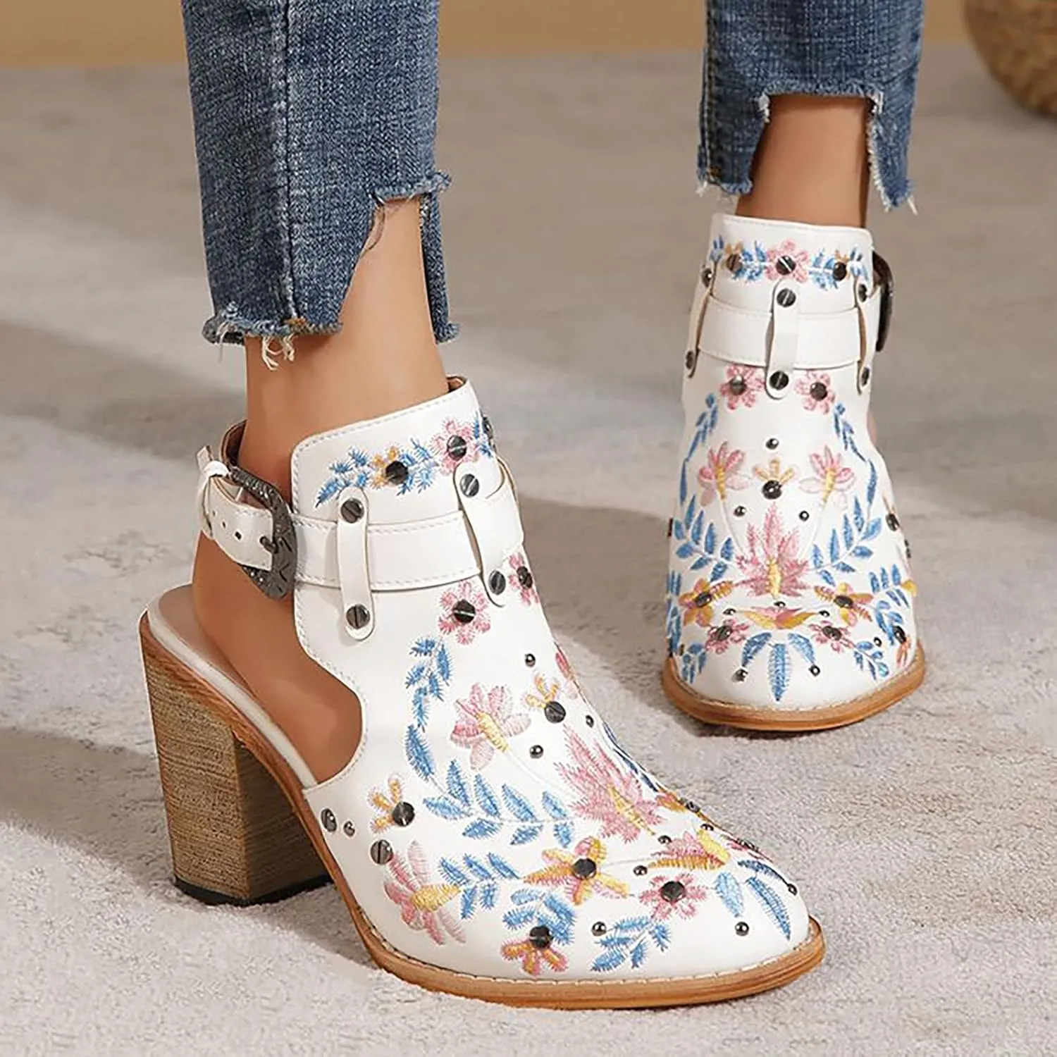 Ankle Boots for Women Slingback Embroidered Round Toe Stacked Chunky Block Heel Classic Leather Pull on Booties Open Back Fall Winter Fashion Short Boot for Ladies