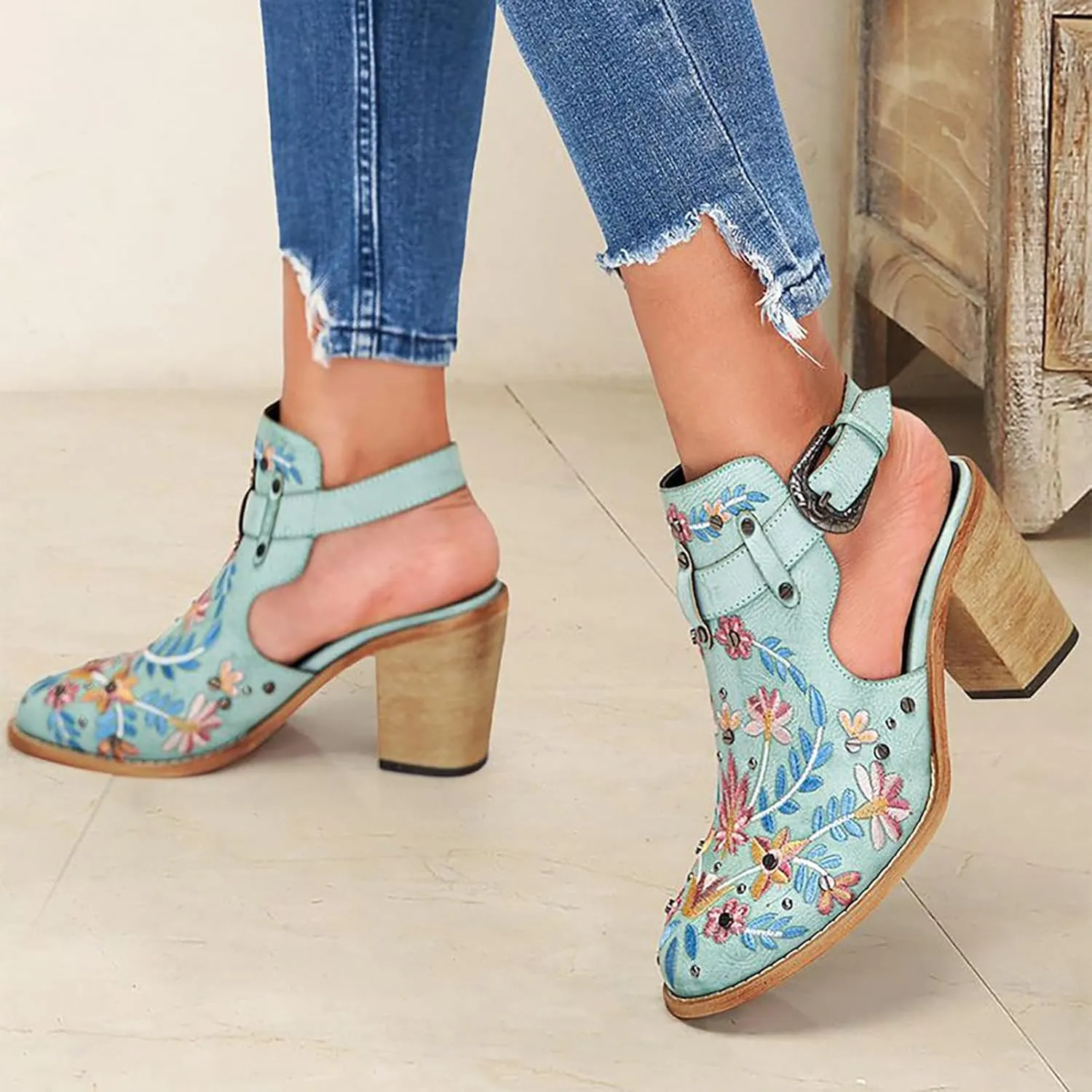 Ankle Boots for Women Slingback Embroidered Round Toe Stacked Chunky Block Heel Classic Leather Pull on Booties Open Back Fall Winter Fashion Short Boot for Ladies