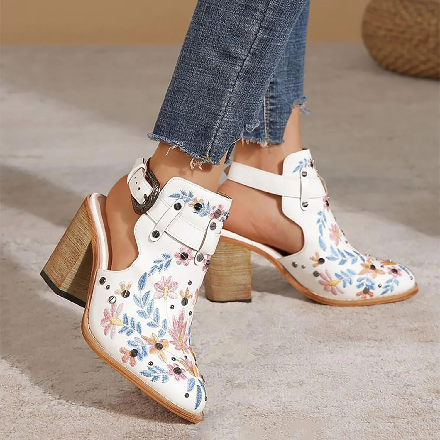 Ankle Boots for Women Slingback Embroidered Round Toe Stacked Chunky Block Heel Classic Leather Pull on Booties Open Back Fall Winter Fashion Short Boot for Ladies