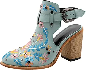 Ankle Boots for Women Slingback Embroidered Round Toe Stacked Chunky Block Heel Classic Leather Pull on Booties Open Back Fall Winter Fashion Short Boot for Ladies