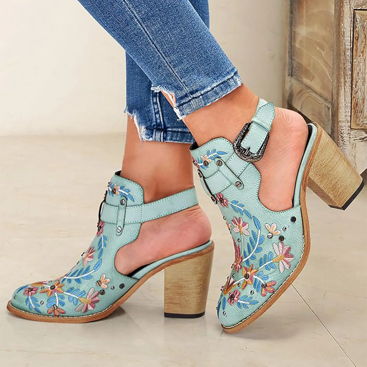 Ankle Boots for Women Slingback Embroidered Round Toe Stacked Chunky Block Heel Classic Leather Pull on Booties Open Back Fall Winter Fashion Short Boot for Ladies