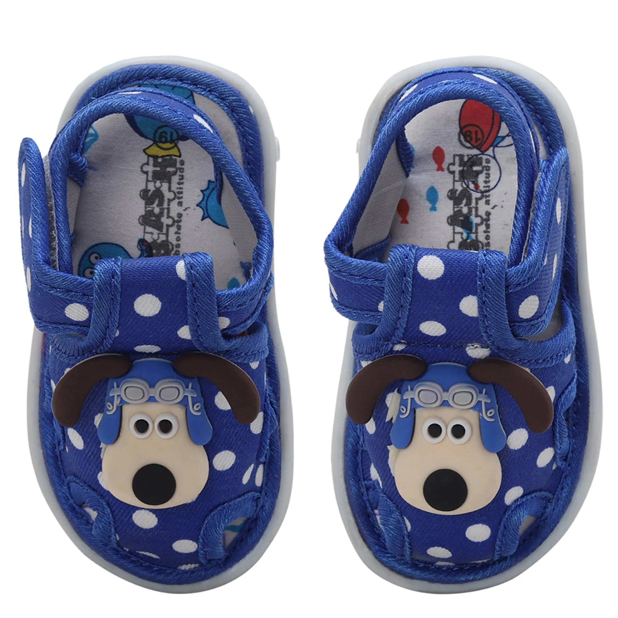 Baby Moo Pilot Dog Applique Polka Dot Printed Velcro Strap Anti-Skid Chu Chu Sound Sandals - Blue