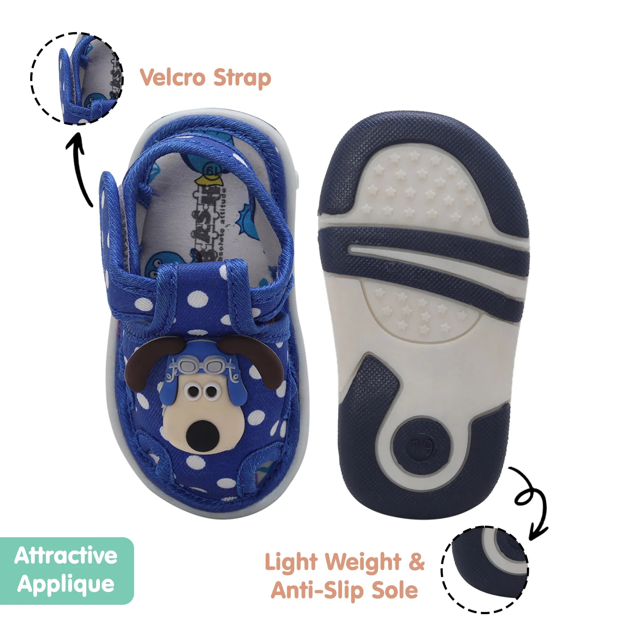 Baby Moo Pilot Dog Applique Polka Dot Printed Velcro Strap Anti-Skid Chu Chu Sound Sandals - Blue