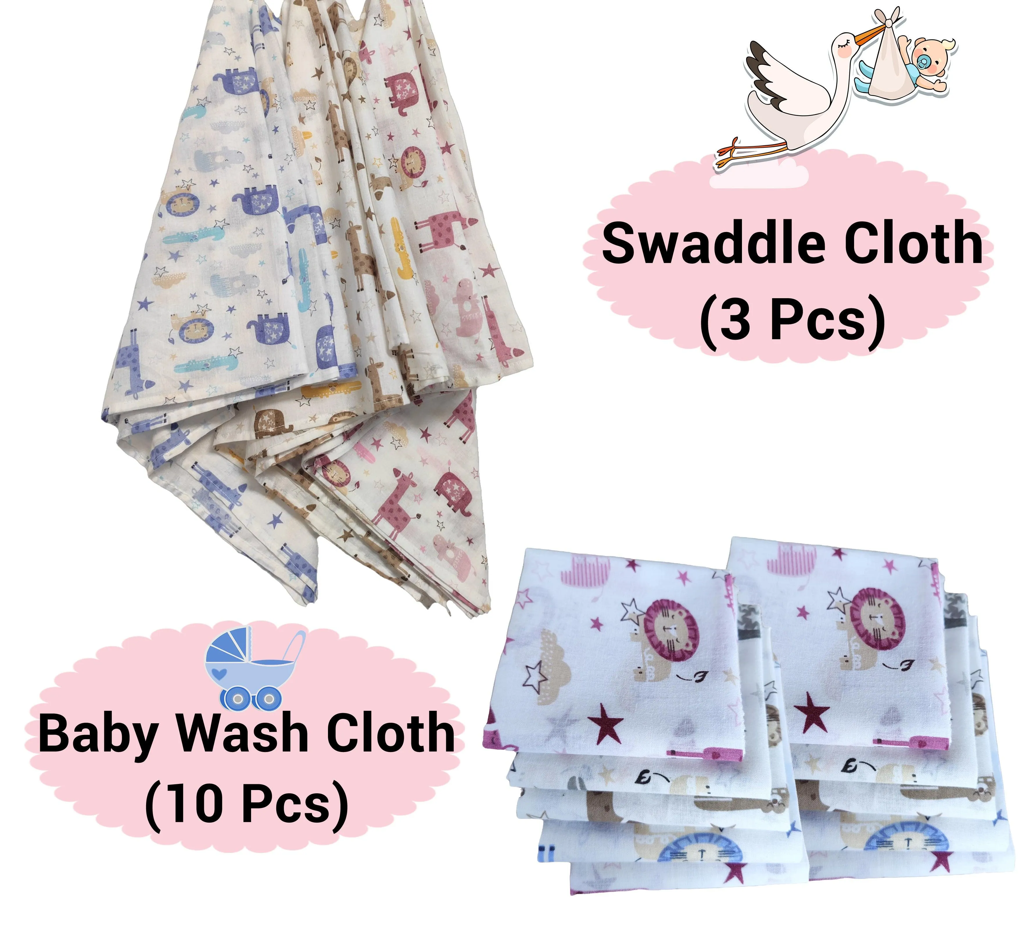 Combo of Soft 100% Cotton Malmal 3pc Baby Swaddle Cloth and 10pc Wash Cloths
