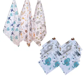 Combo of Soft 100% Cotton Malmal 3pc Baby Swaddle Cloth and 10pc Wash Cloths