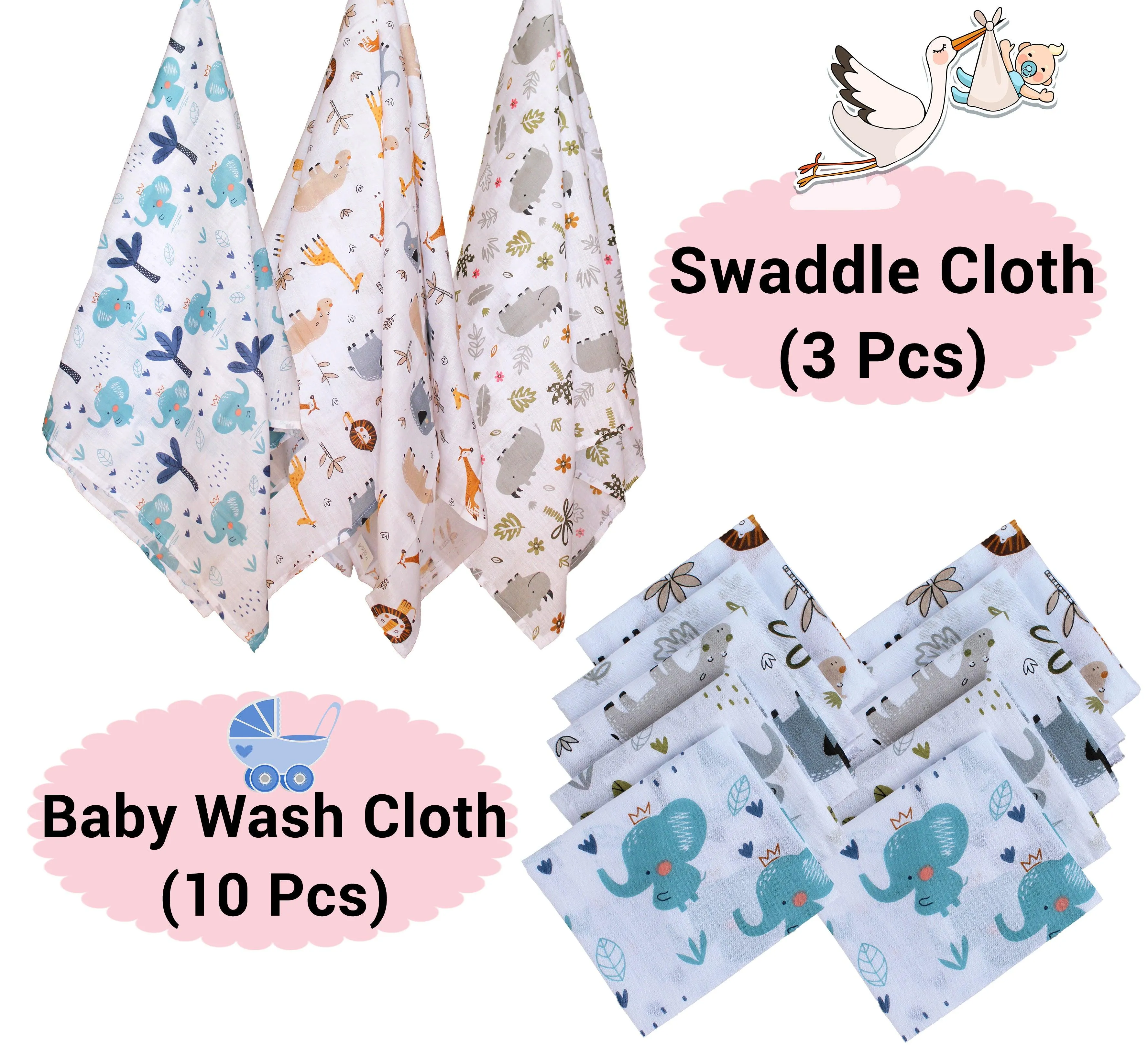 Combo of Soft 100% Cotton Malmal 3pc Baby Swaddle Cloth and 10pc Wash Cloths