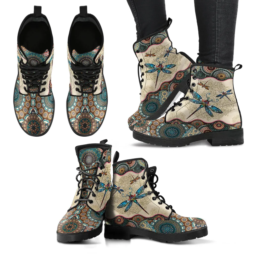 Dragonfly Vintage Mandala Women's Vegan Leather Combat boots