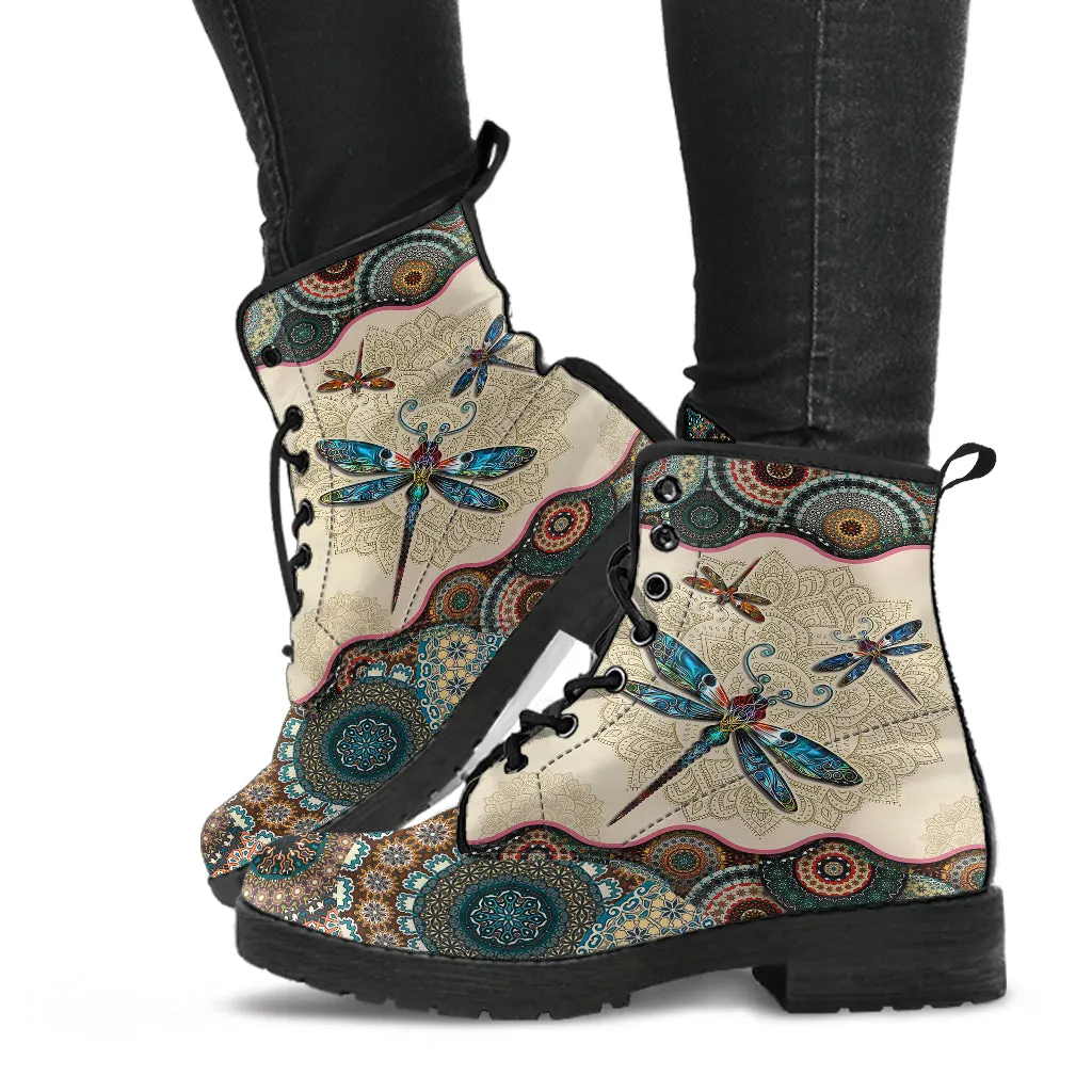Dragonfly Vintage Mandala Women's Vegan Leather Combat boots