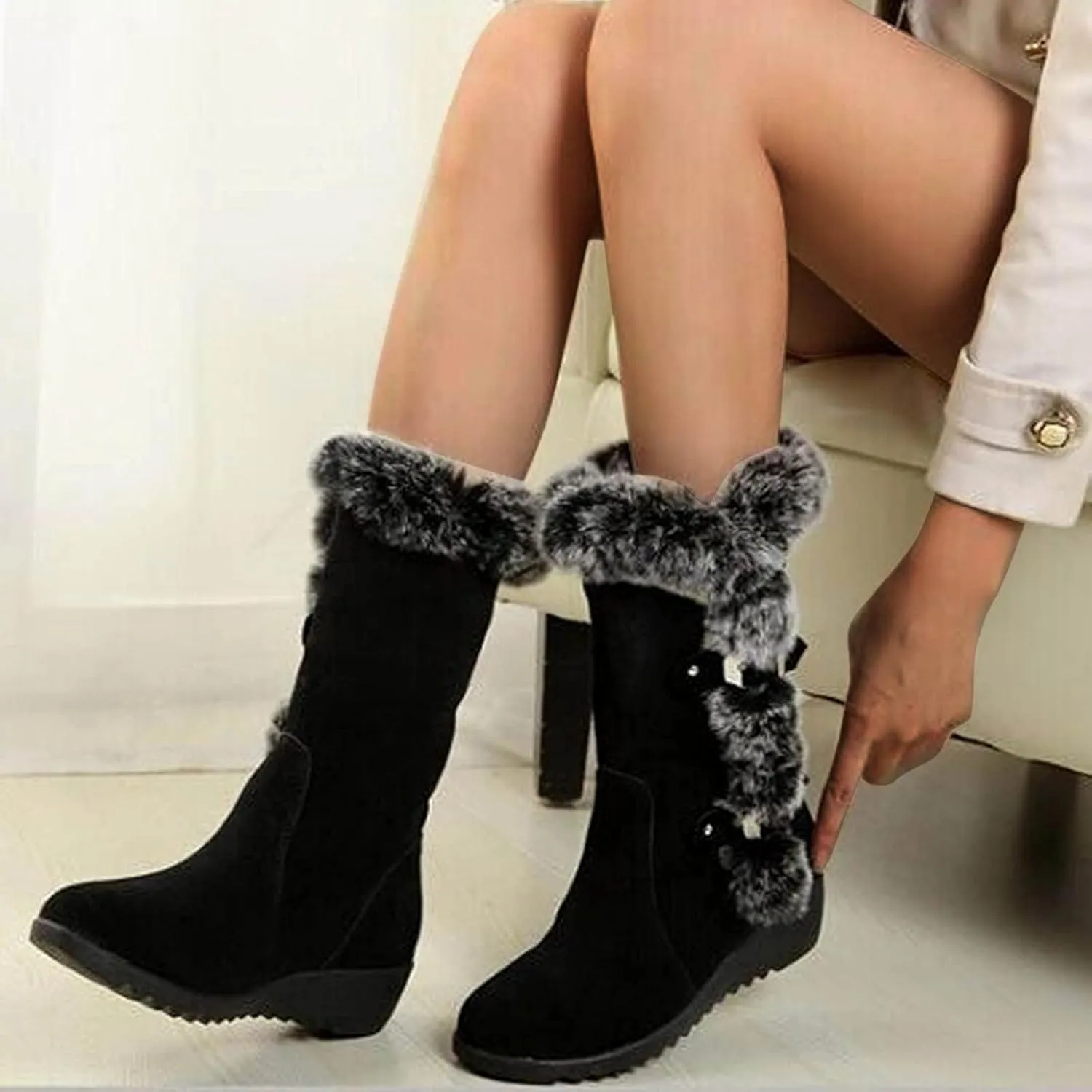 Fashion Flock Women's Winter Fur Lined Insulated Warm Mid-Calf Fleece Furry Soft Cozy Boots