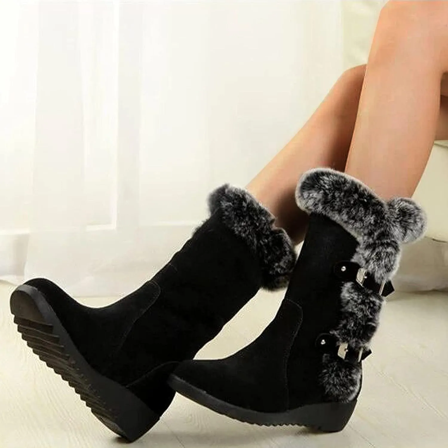 Fashion Flock Women's Winter Fur Lined Insulated Warm Mid-Calf Fleece Furry Soft Cozy Boots