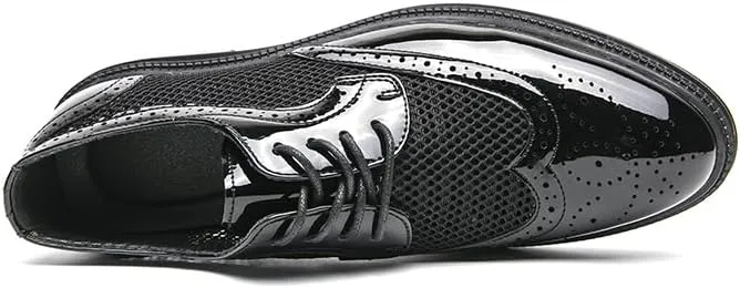 Fashion Men Oxfords Shoes Genuine Leather Shoes Patent Leather Formal Business Breathable Dress Shoes Hollow Mesh Out Flats