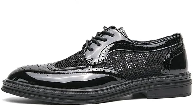 Fashion Men Oxfords Shoes Genuine Leather Shoes Patent Leather Formal Business Breathable Dress Shoes Hollow Mesh Out Flats