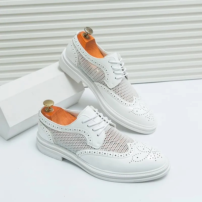 Fashion Men Oxfords Shoes Genuine Leather Shoes Patent Leather Formal Business Breathable Dress Shoes Hollow Mesh Out Flats