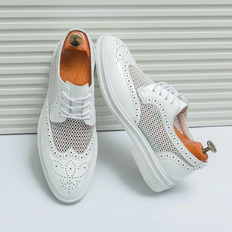 Fashion Men Oxfords Shoes Genuine Leather Shoes Patent Leather Formal Business Breathable Dress Shoes Hollow Mesh Out Flats