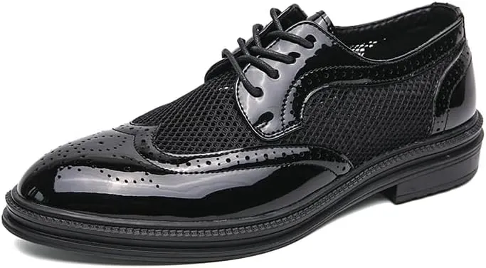 Fashion Men Oxfords Shoes Genuine Leather Shoes Patent Leather Formal Business Breathable Dress Shoes Hollow Mesh Out Flats