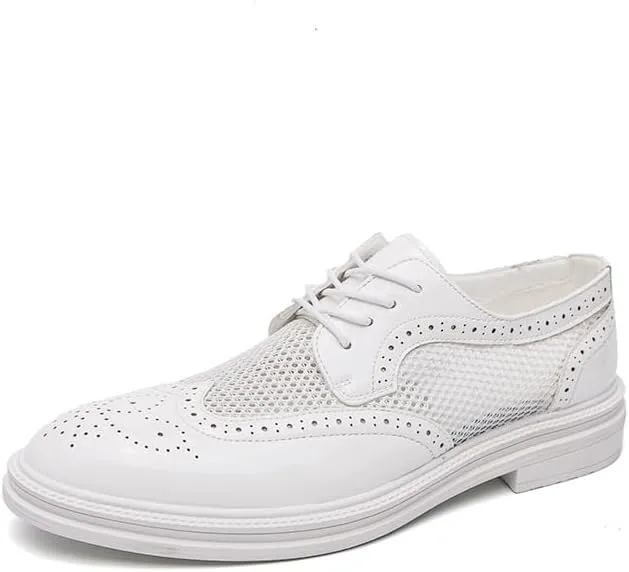 Fashion Men Oxfords Shoes Genuine Leather Shoes Patent Leather Formal Business Breathable Dress Shoes Hollow Mesh Out Flats