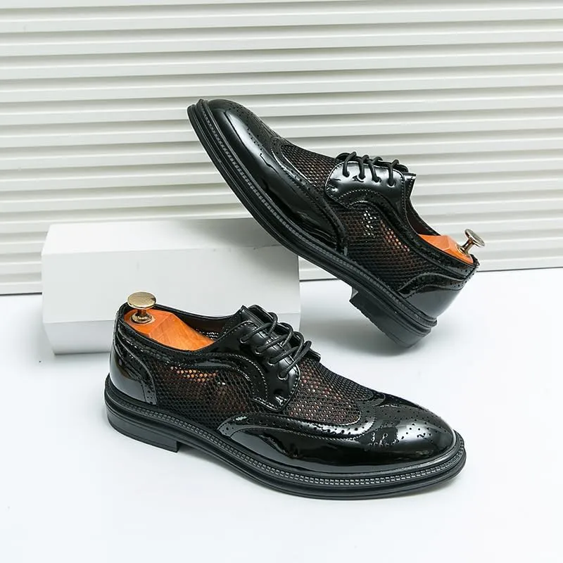 Fashion Men Oxfords Shoes Genuine Leather Shoes Patent Leather Formal Business Breathable Dress Shoes Hollow Mesh Out Flats