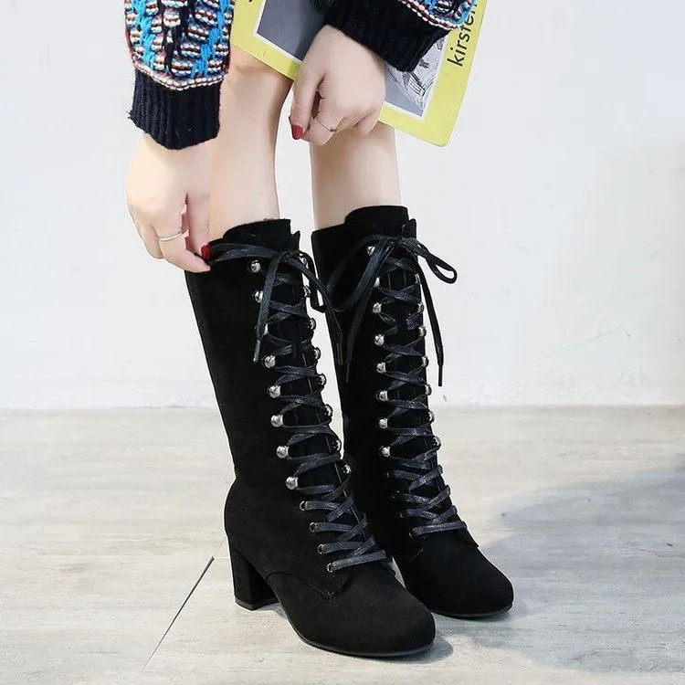 Faux suede lace-up chunky high heel tall boots for women