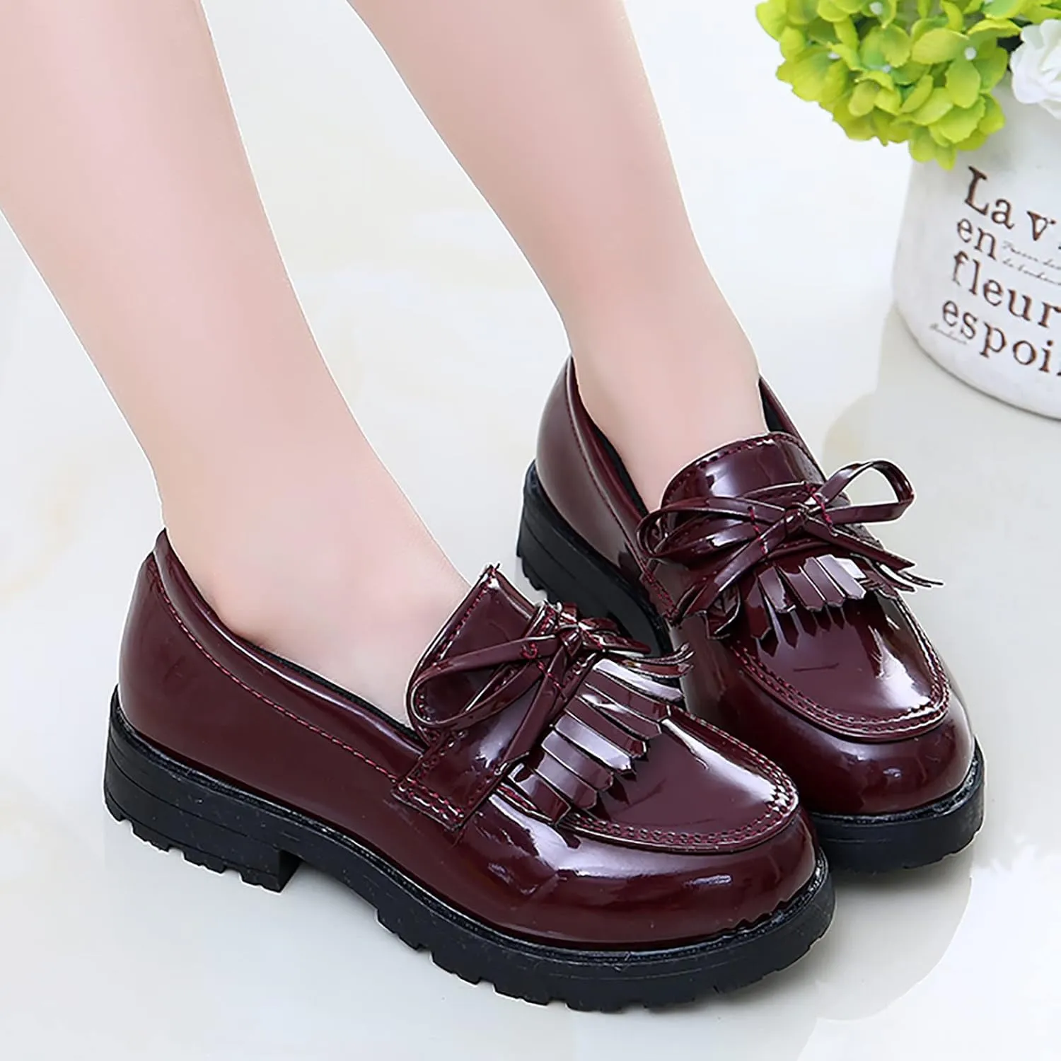 Girls Slip on Leather Loafer Dress Shoes Tassel Bow School Dress Shoes Toddler 𝐏atent-Leather Reflective Flat Loafers