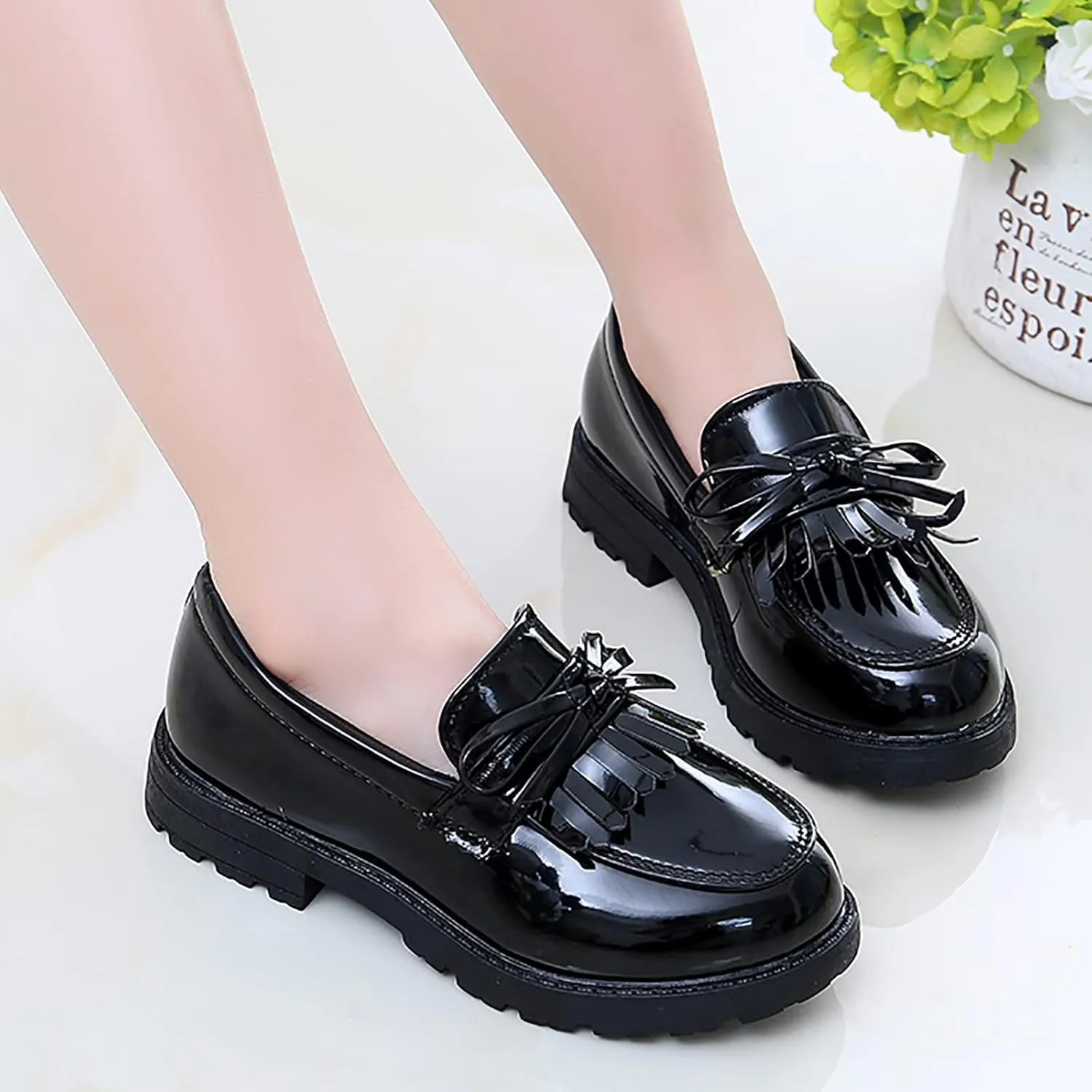 Girls Slip on Leather Loafer Dress Shoes Tassel Bow School Dress Shoes Toddler 𝐏atent-Leather Reflective Flat Loafers