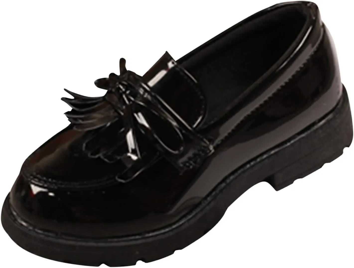 Girls Slip on Leather Loafer Dress Shoes Tassel Bow School Dress Shoes Toddler 𝐏atent-Leather Reflective Flat Loafers