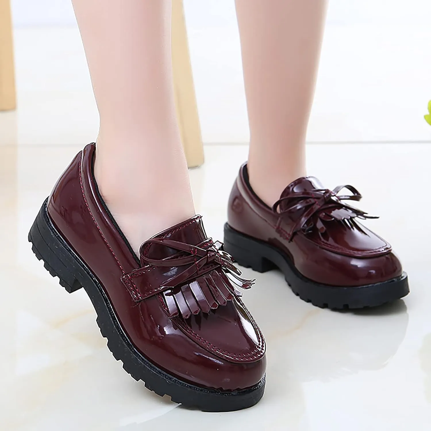 Girls Slip on Leather Loafer Dress Shoes Tassel Bow School Dress Shoes Toddler 𝐏atent-Leather Reflective Flat Loafers