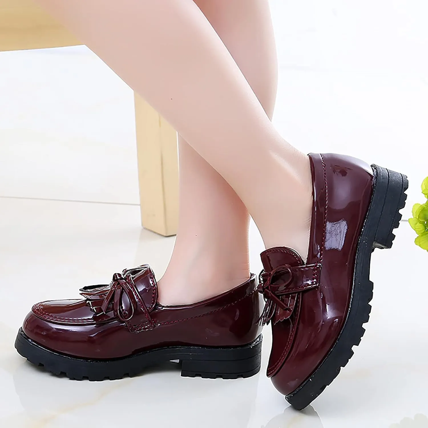 Girls Slip on Leather Loafer Dress Shoes Tassel Bow School Dress Shoes Toddler 𝐏atent-Leather Reflective Flat Loafers