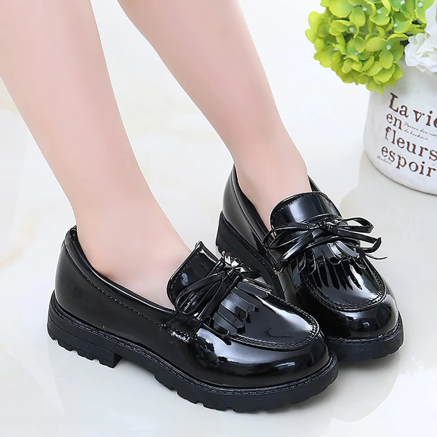 Girls Slip on Leather Loafer Dress Shoes Tassel Bow School Dress Shoes Toddler 𝐏atent-Leather Reflective Flat Loafers