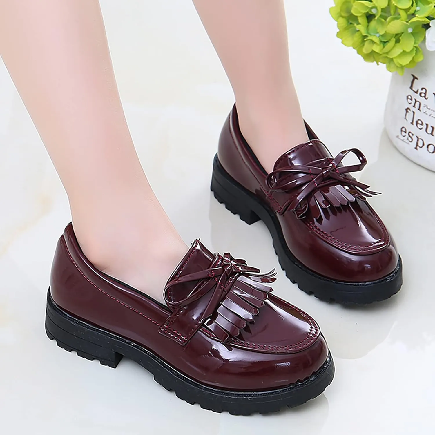 Girls Slip on Leather Loafer Dress Shoes Tassel Bow School Dress Shoes Toddler 𝐏atent-Leather Reflective Flat Loafers