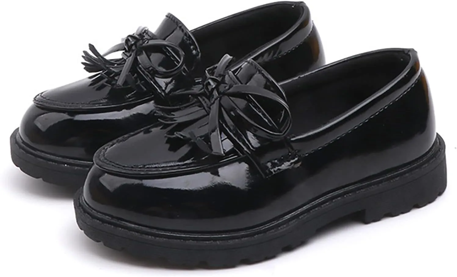 Girls Slip on Leather Loafer Dress Shoes Tassel Bow School Dress Shoes Toddler 𝐏atent-Leather Reflective Flat Loafers