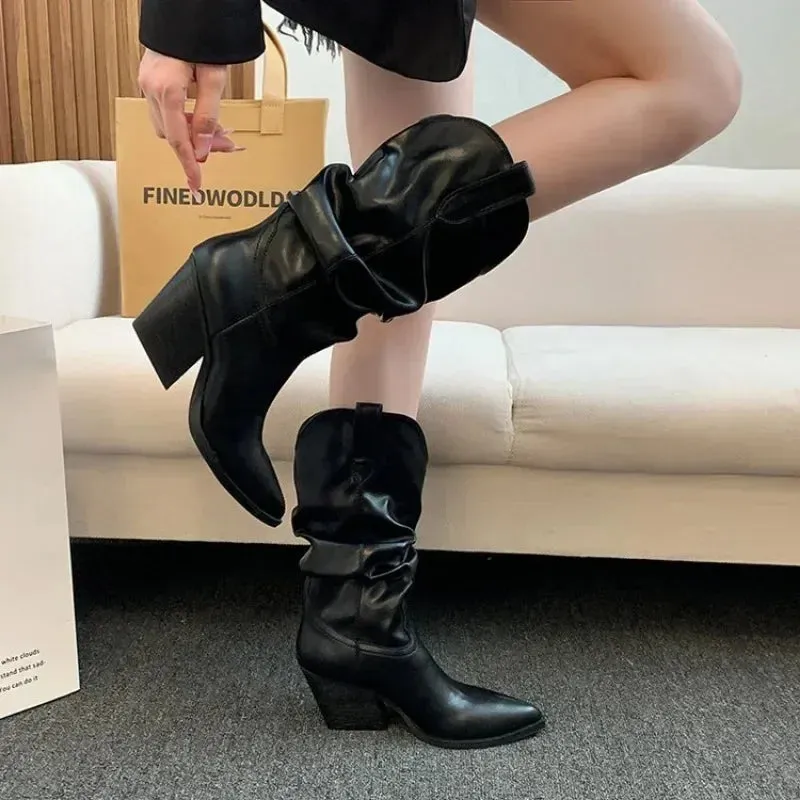 Joskaa Female Western Boots Cowboy Boots Women Plested Women Ankle  Pu Leather Shoes Autumn Boots Women Booties Lady Plus Size 42