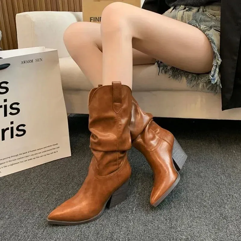 Joskaa Female Western Boots Cowboy Boots Women Plested Women Ankle  Pu Leather Shoes Autumn Boots Women Booties Lady Plus Size 42