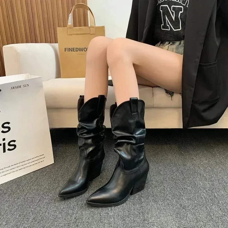 Joskaa Female Western Boots Cowboy Boots Women Plested Women Ankle  Pu Leather Shoes Autumn Boots Women Booties Lady Plus Size 42