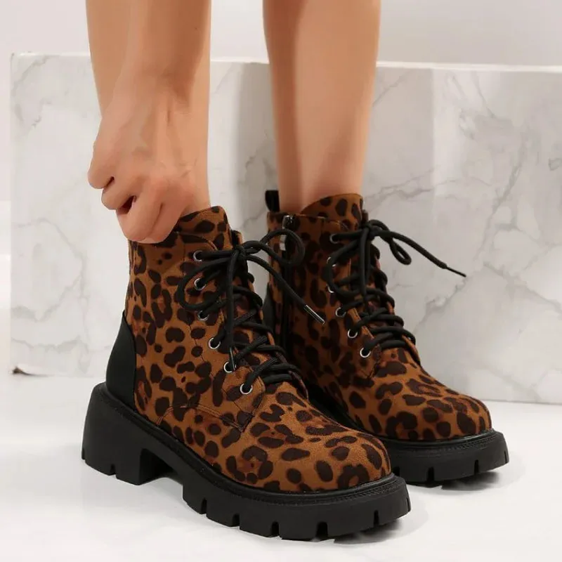 Joskaa Shoes for Women 2024 Fashion Lace Up Women Boots Winter Round Toe Leopard Print Short Barrel Chunky Heels Zipper Plus Size Boots