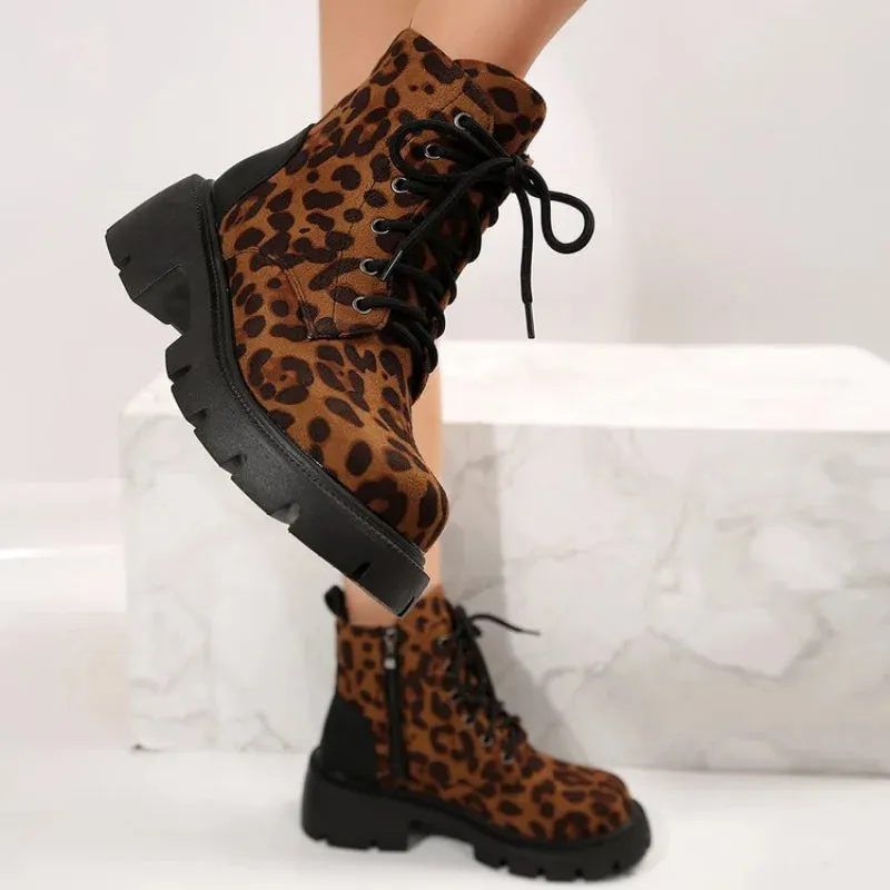 Joskaa Shoes for Women 2024 Fashion Lace Up Women Boots Winter Round Toe Leopard Print Short Barrel Chunky Heels Zipper Plus Size Boots