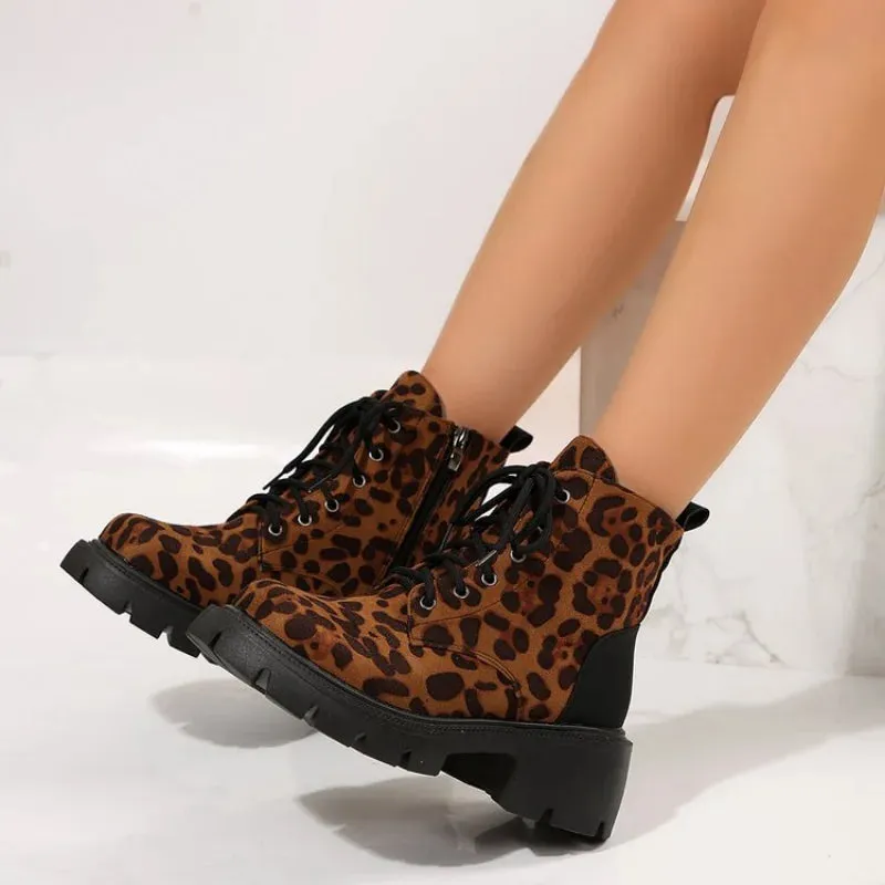 Joskaa Shoes for Women 2024 Fashion Lace Up Women Boots Winter Round Toe Leopard Print Short Barrel Chunky Heels Zipper Plus Size Boots