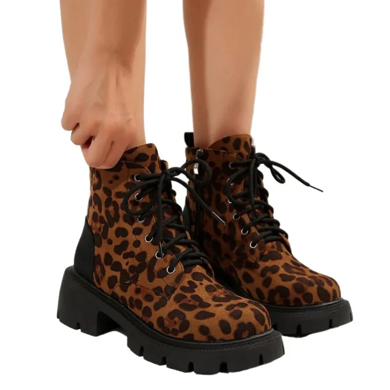 Joskaa Shoes for Women 2024 Fashion Lace Up Women Boots Winter Round Toe Leopard Print Short Barrel Chunky Heels Zipper Plus Size Boots