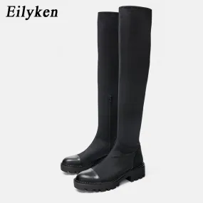 kamames 2023 New Platform Over The Knee Boot Women Slim Stretch Fabric Long Sock Boots Winter Low Heel Casual Ladies Shoes
