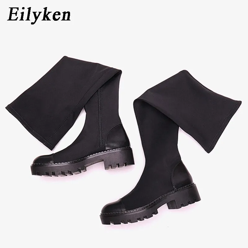 kamames 2023 New Platform Over The Knee Boot Women Slim Stretch Fabric Long Sock Boots Winter Low Heel Casual Ladies Shoes